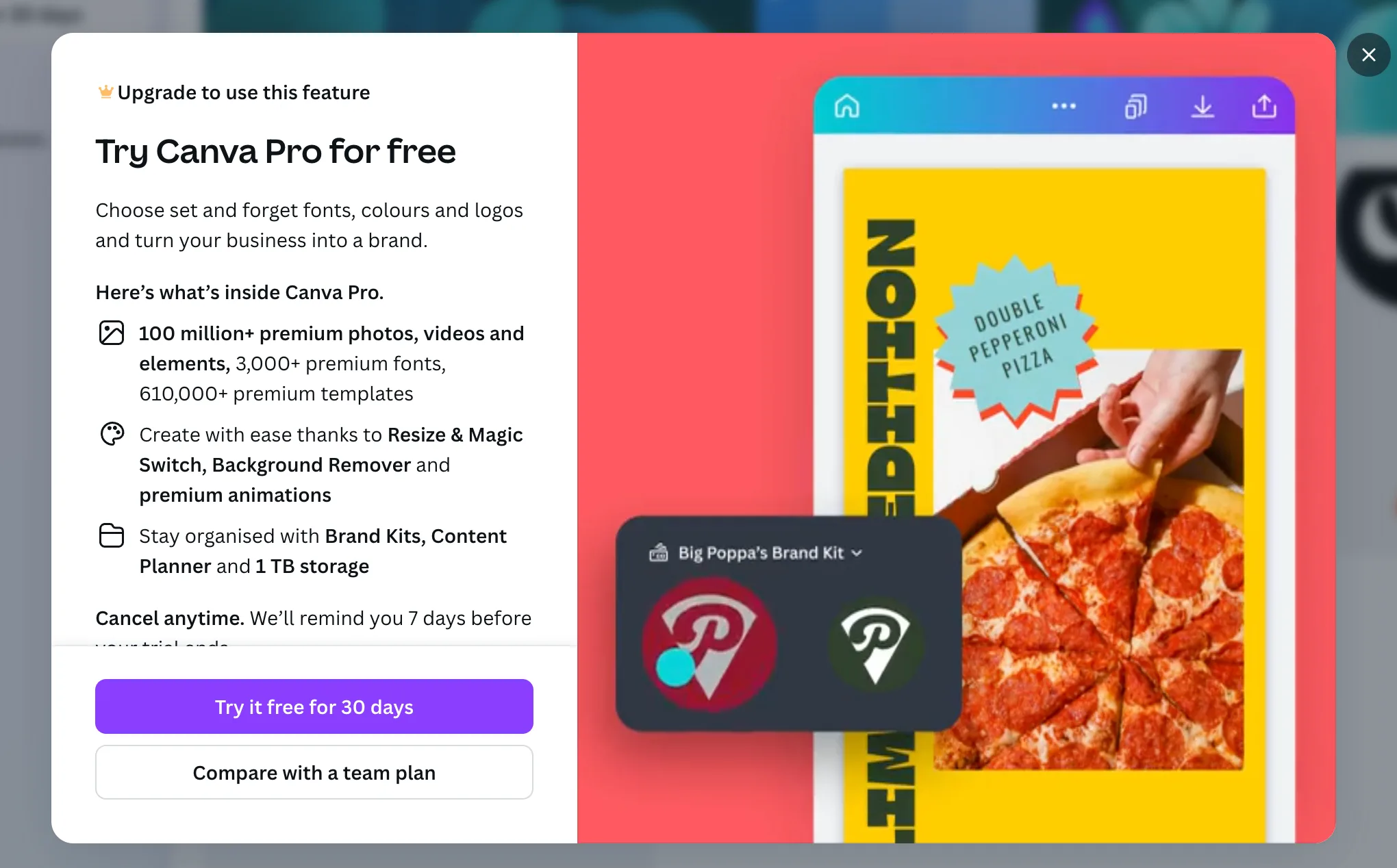 Canva Pro upgrade modal from the September 2024 article