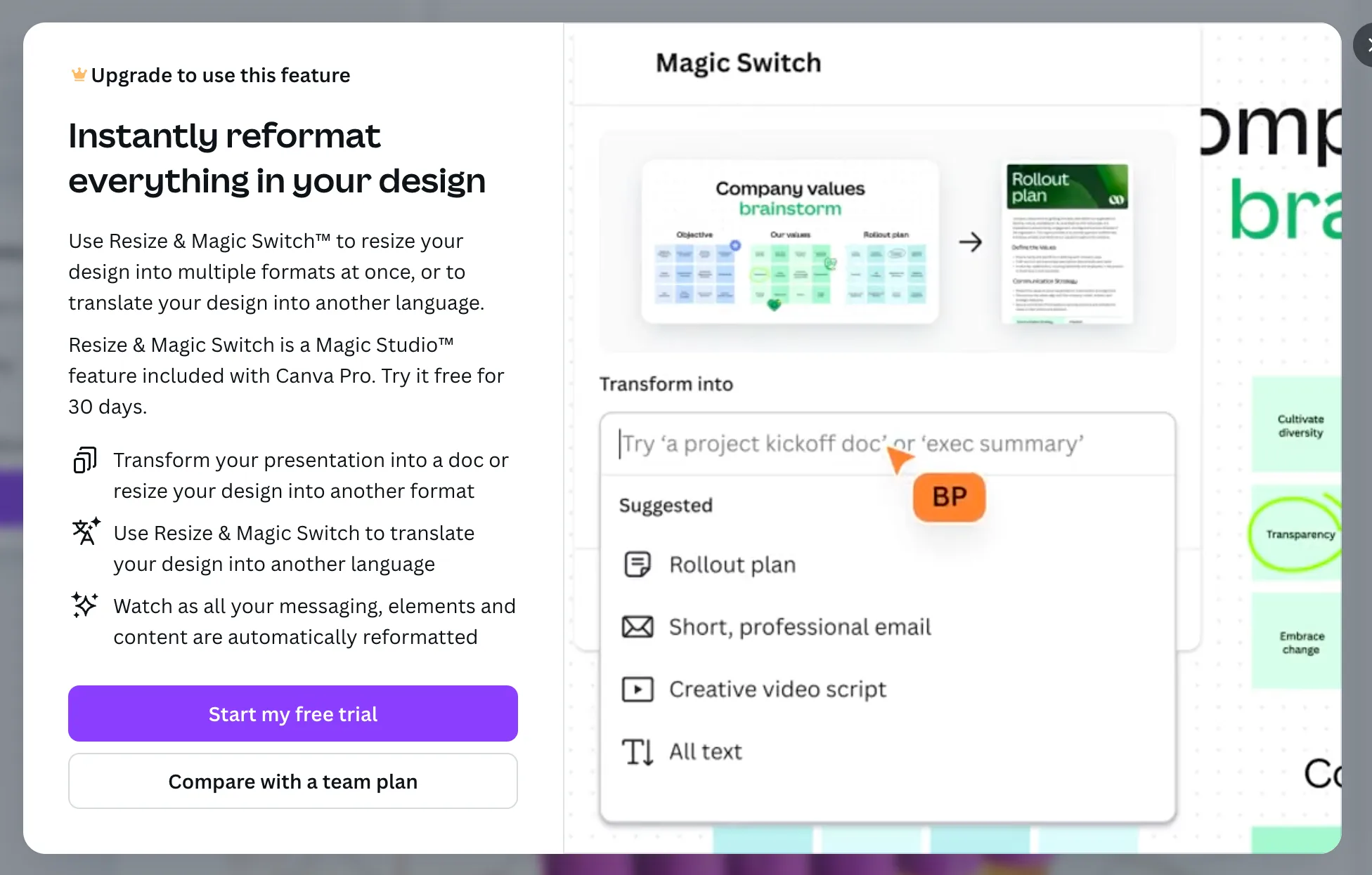A second Canva Pro screen showing the upgrade in the design workflow in 2024