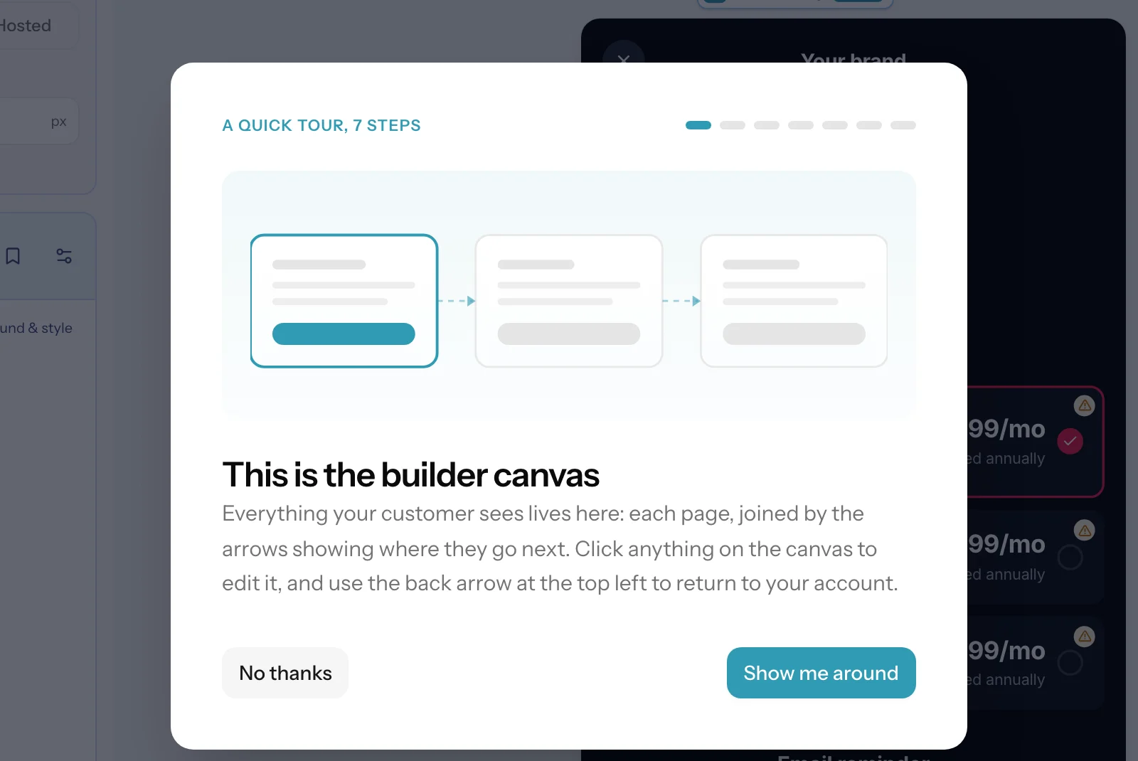 The first step of the builder walkthrough: this is the builder canvas
