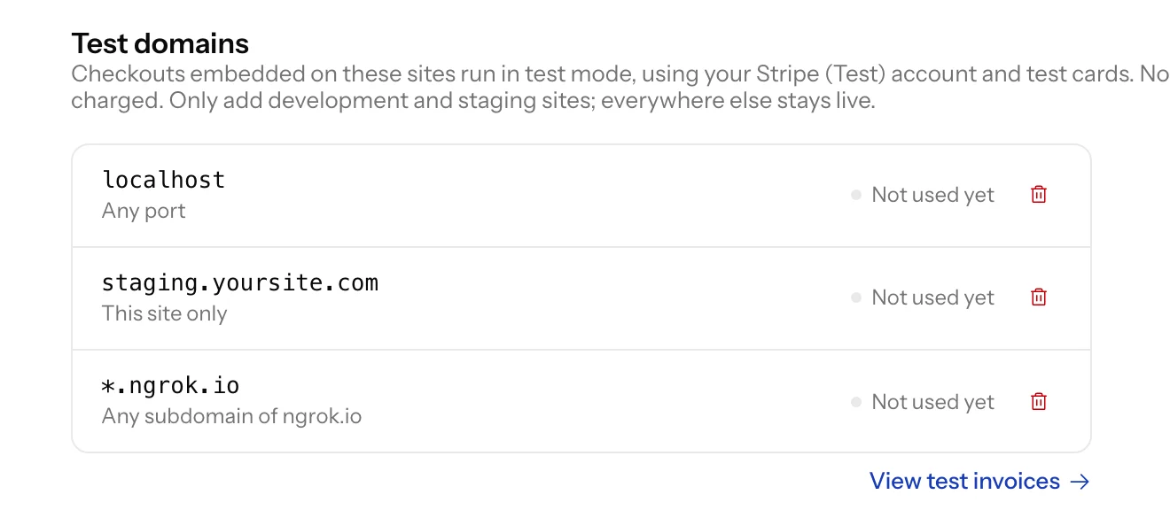 Test domains in Settings, Advanced, listing localhost, a staging site and every ngrok subdomain