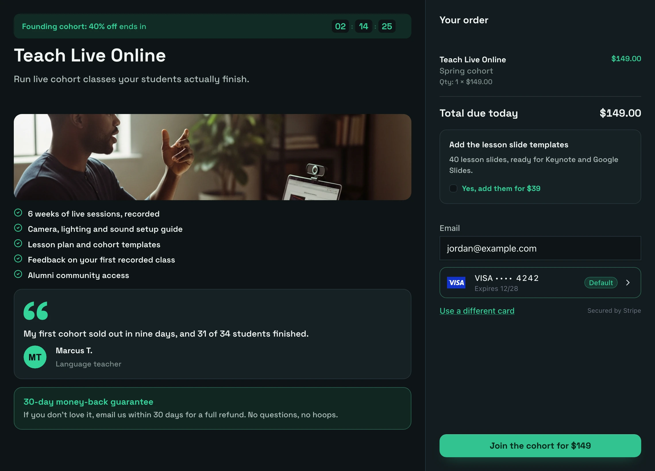 A Plandalf checkout for a live teaching course in dark mode, with an emerald accent.