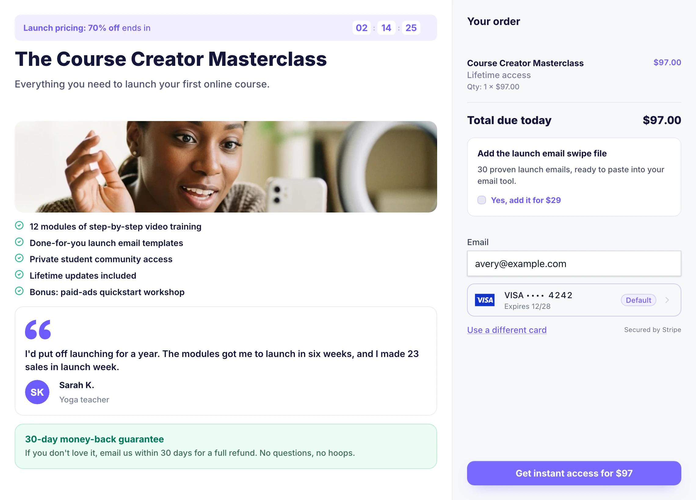 A Plandalf checkout for a course creator masterclass, themed in violet on white.
