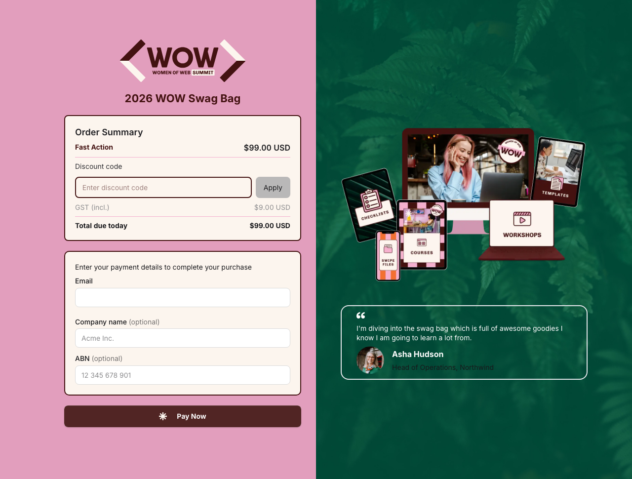 Women of Web 2026 Swag Bag checkout page