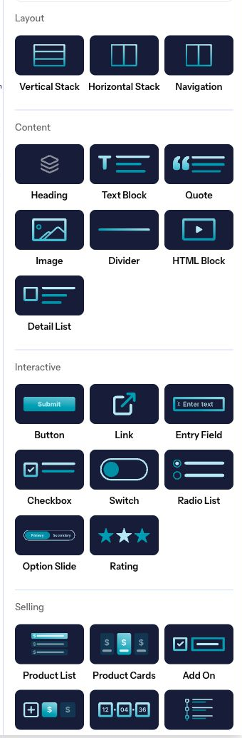 The Numi checkout element palette showing content, interaction, and selling blocks.