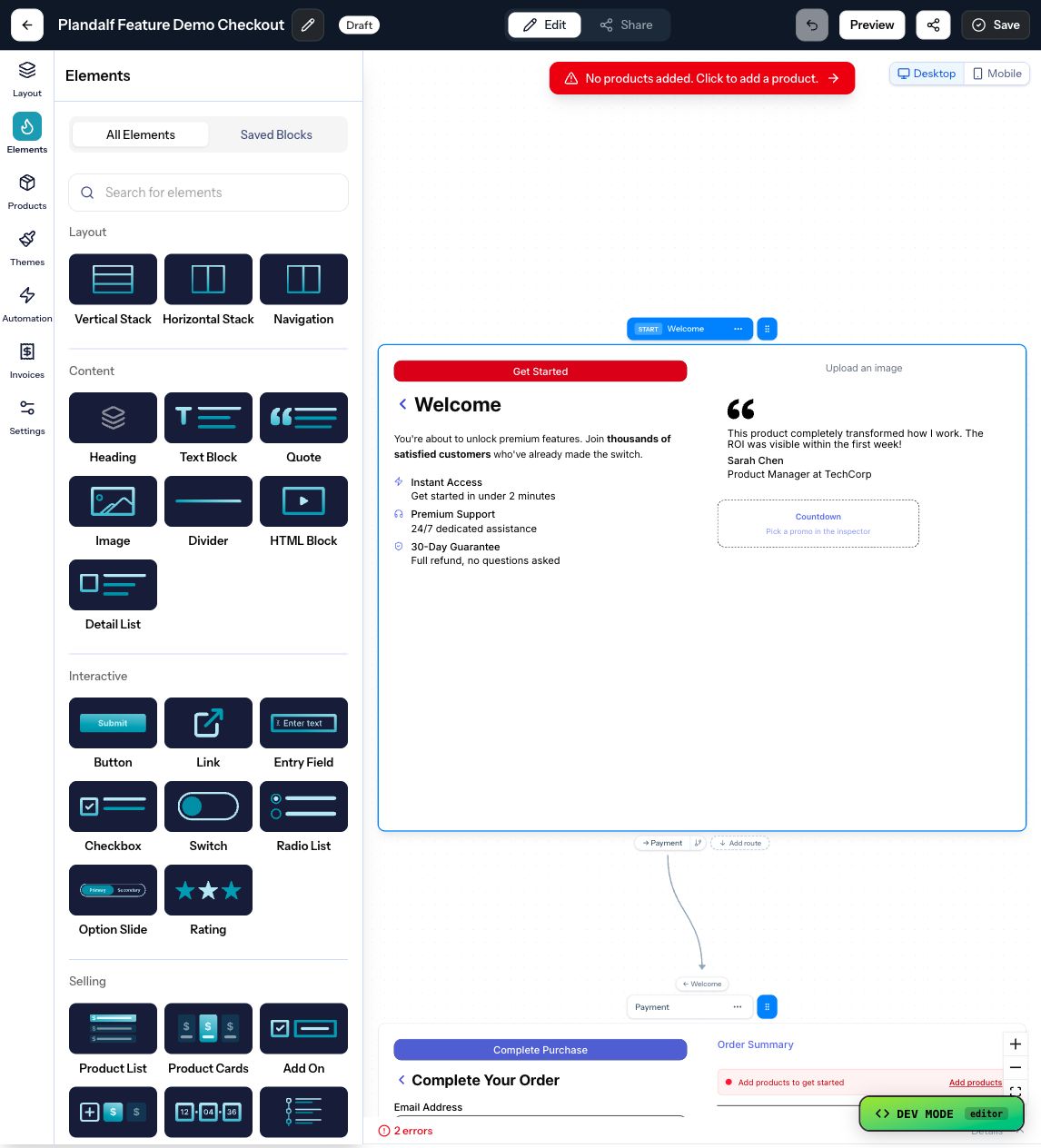 The Numi offer editor elements tab showing checkout layout controls.