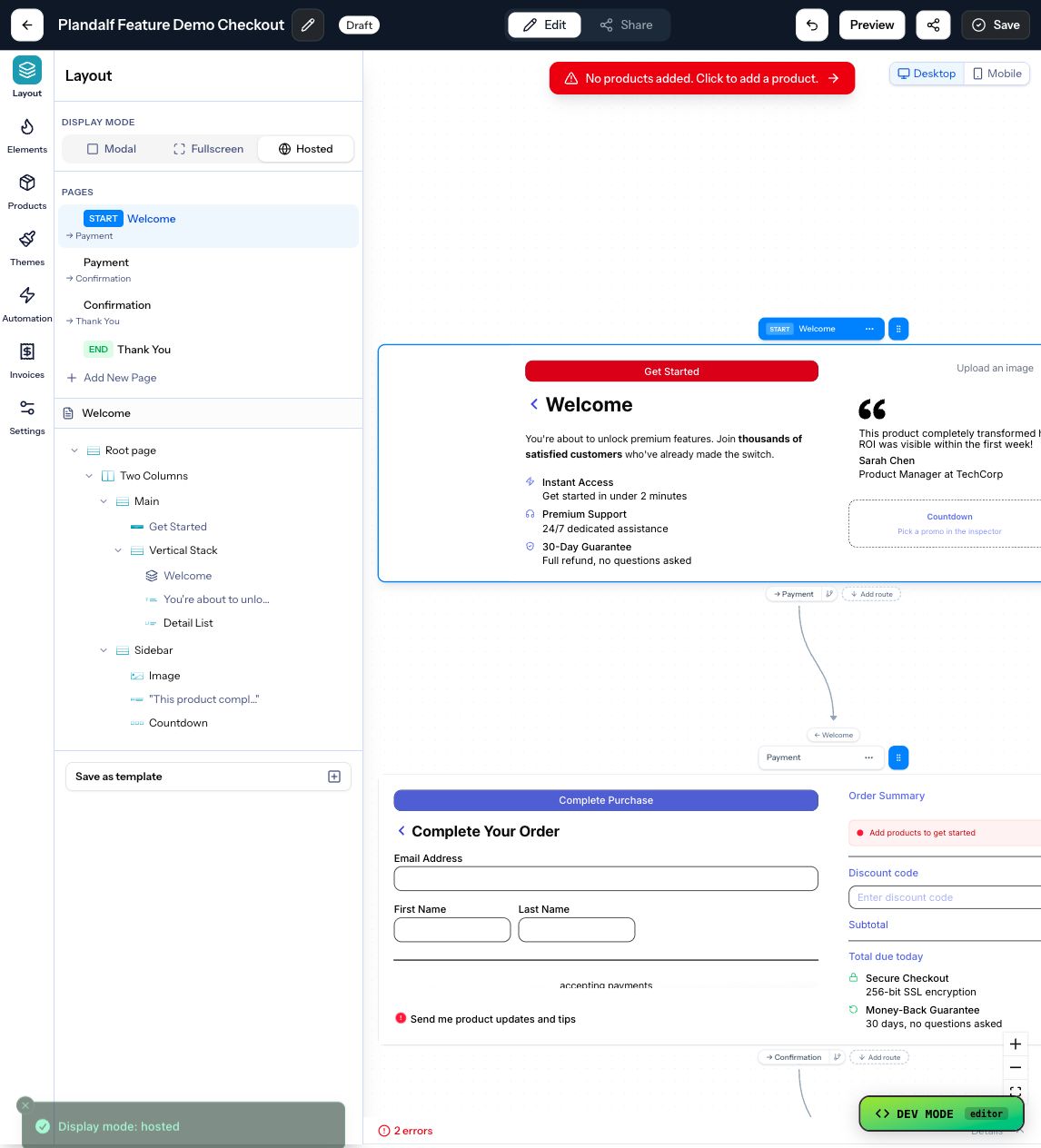 The Plandalf offer editor showing hosted checkout mode controls for a customer checkout surface.