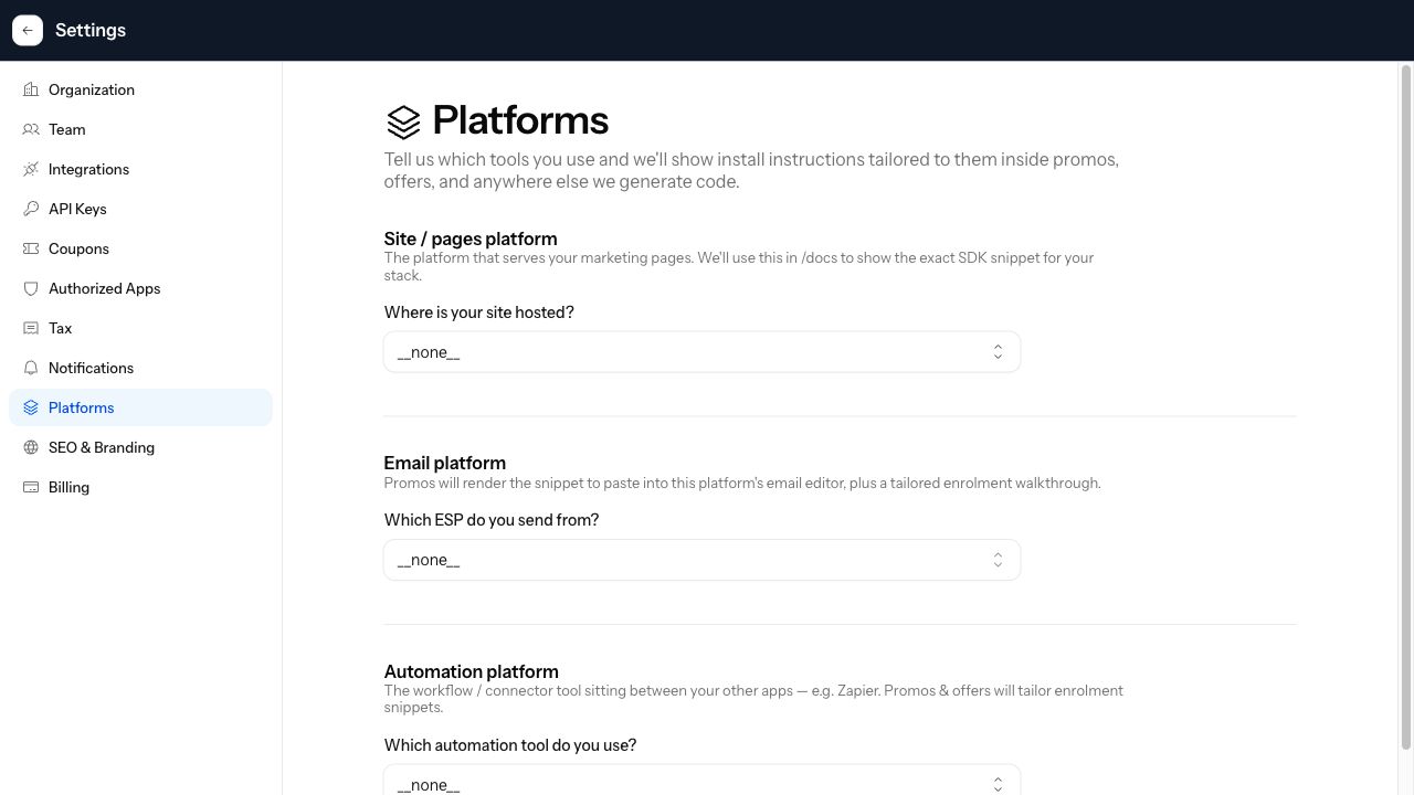 The Numi platform settings screen showing connected stack configuration.