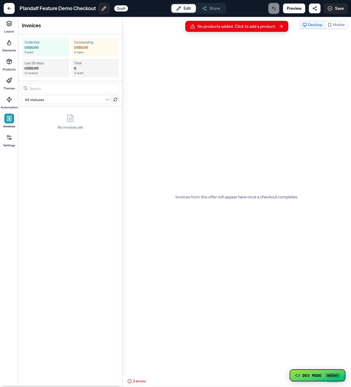 The Numi offer editor invoices tab showing invoice email controls.
