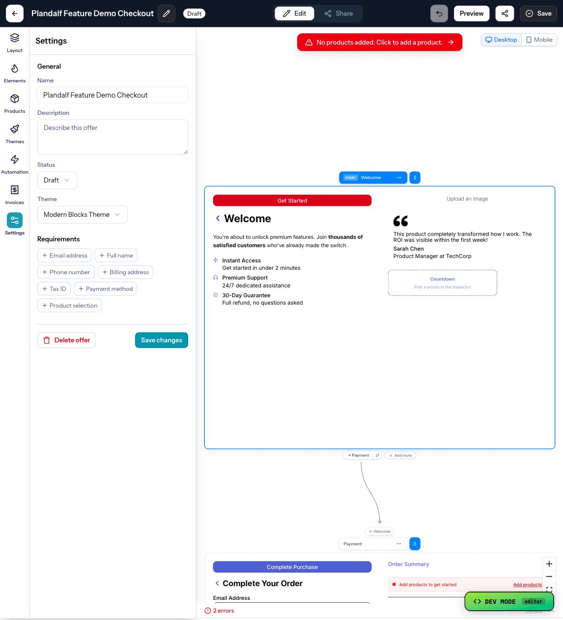 The Numi offer editor settings tab showing metadata and checkout settings.
