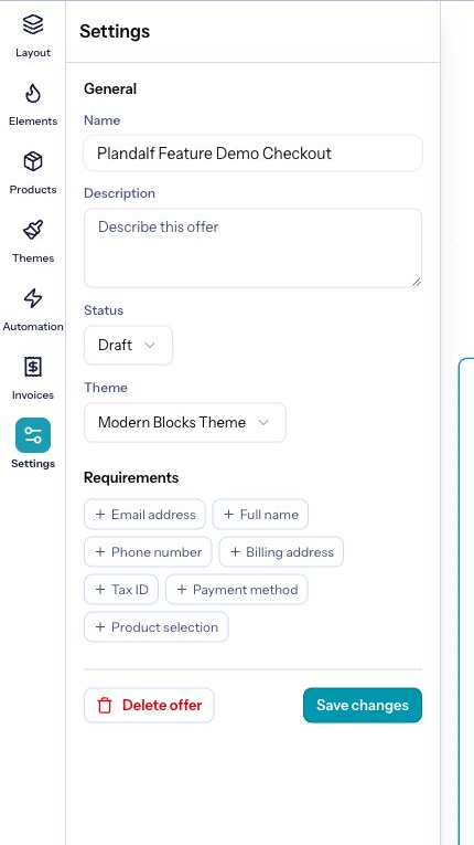 The Numi offer settings payment controls showing checkout payment configuration.