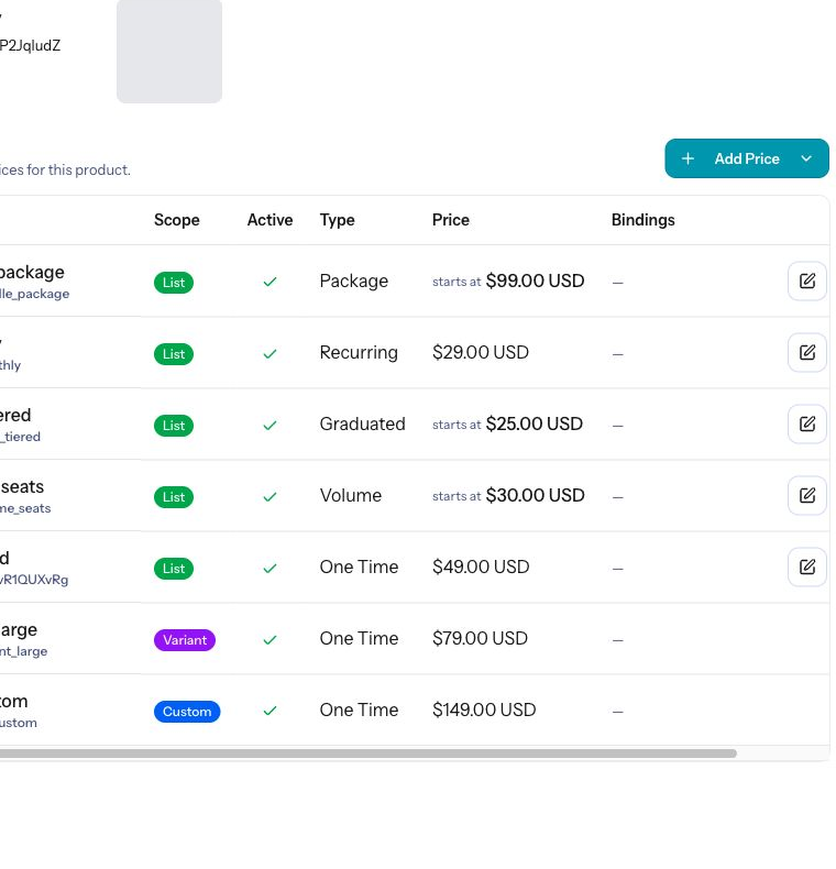 The Numi pricing table showing configured offer prices.