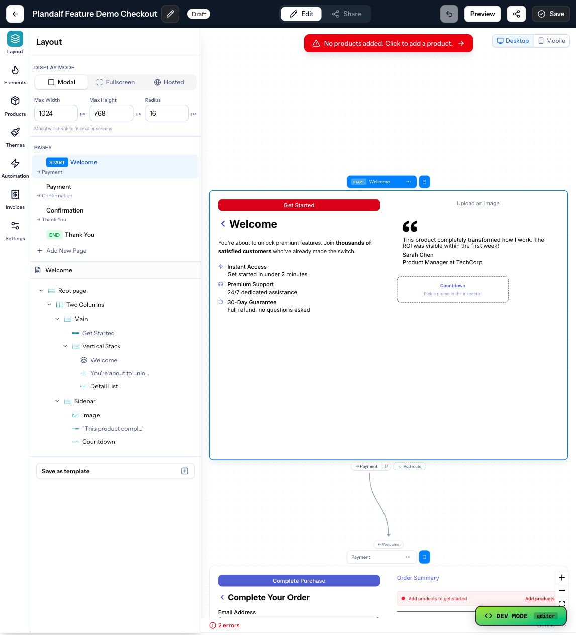 The Numi offer editor layout showing checkout flow controls.