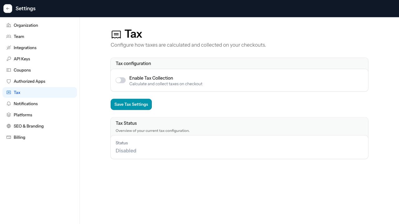 The Numi tax settings screen for checkout and invoice configuration.