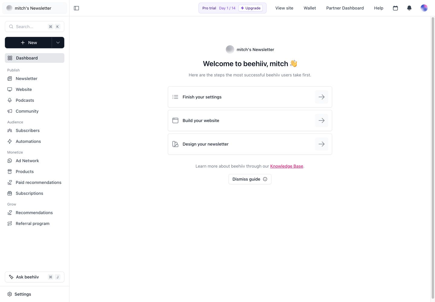 beehiiv publication dashboard before setup