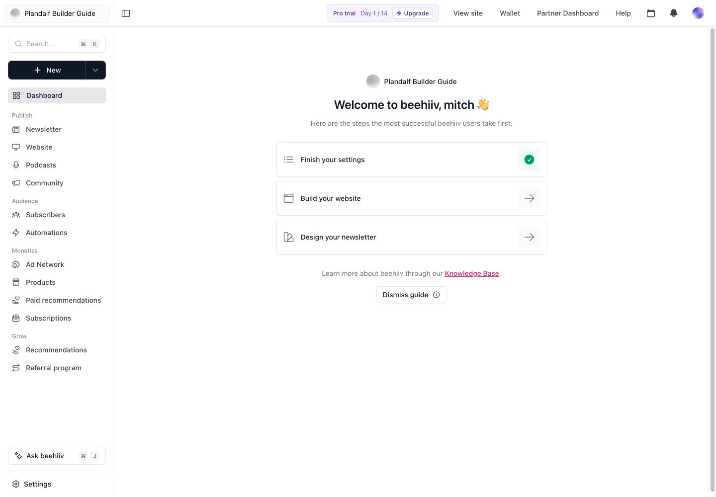 configured beehiiv publication dashboard