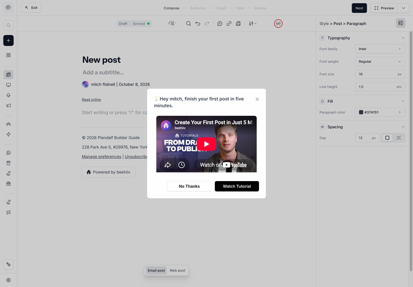 beehiiv first-post tutorial over the blank editor