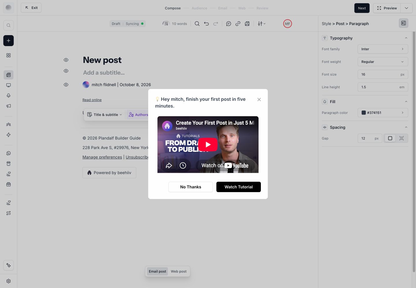 beehiiv post editor with a test title and checkout instruction