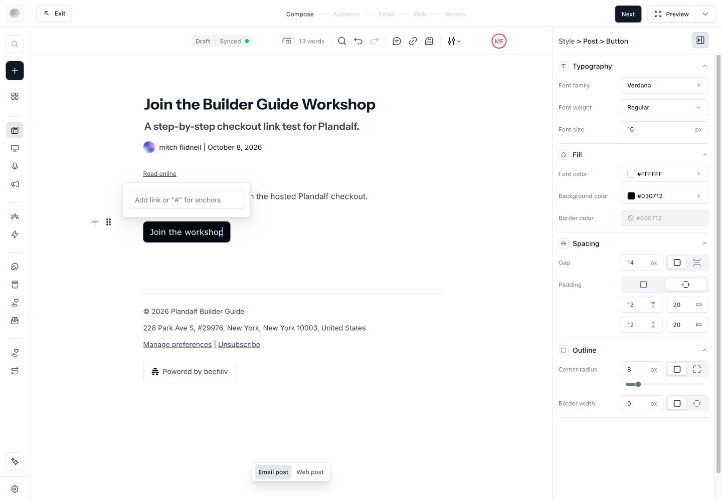 beehiiv button editor with label and link controls