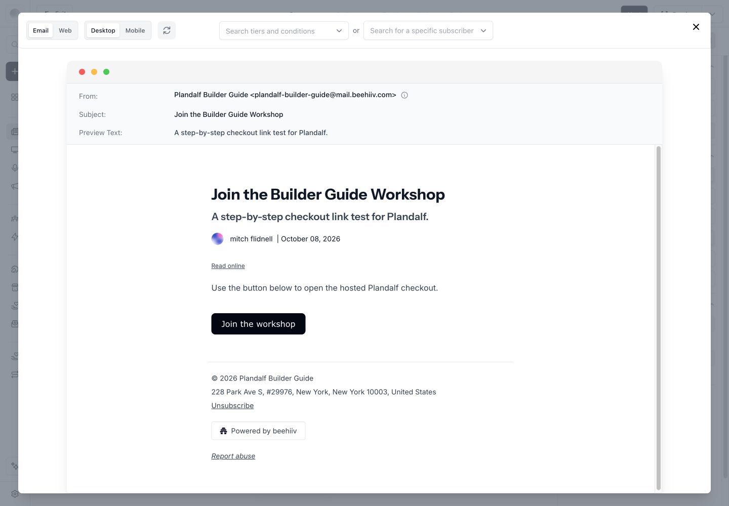 beehiiv desktop email preview with the checkout button