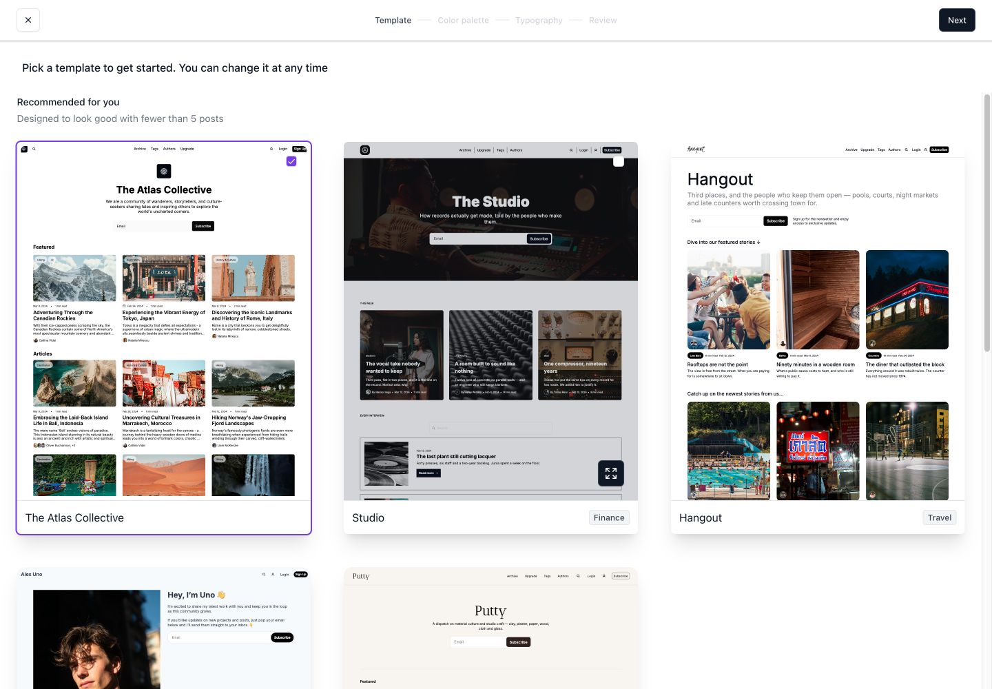 beehiiv website template chooser