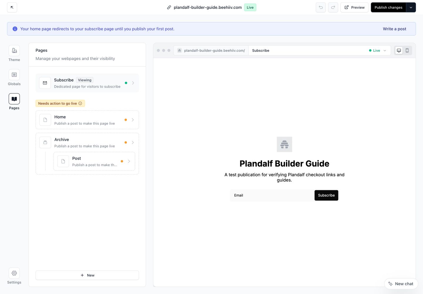 beehiiv website studio with the Pages panel open