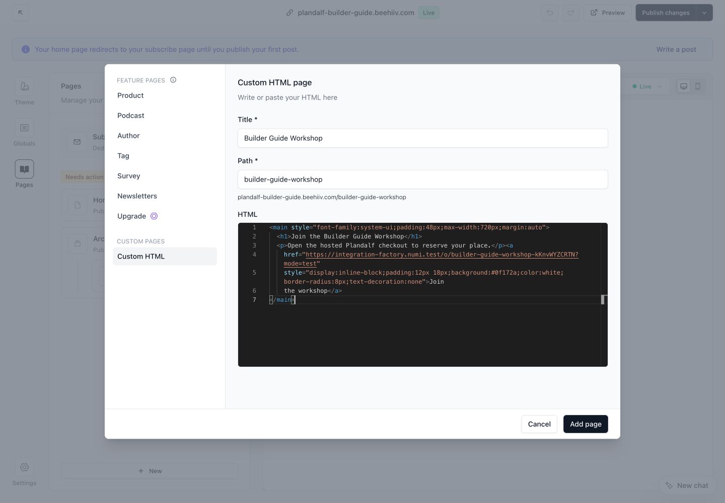 beehiiv custom page editor containing a Plandalf checkout link