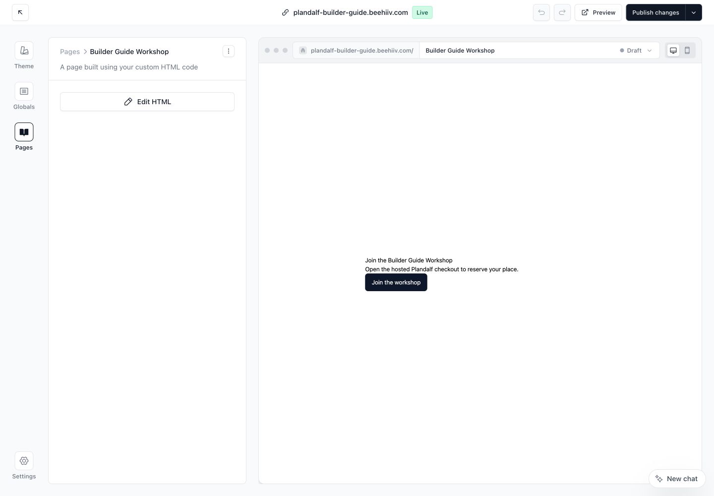 beehiiv custom checkout page preview in the website editor