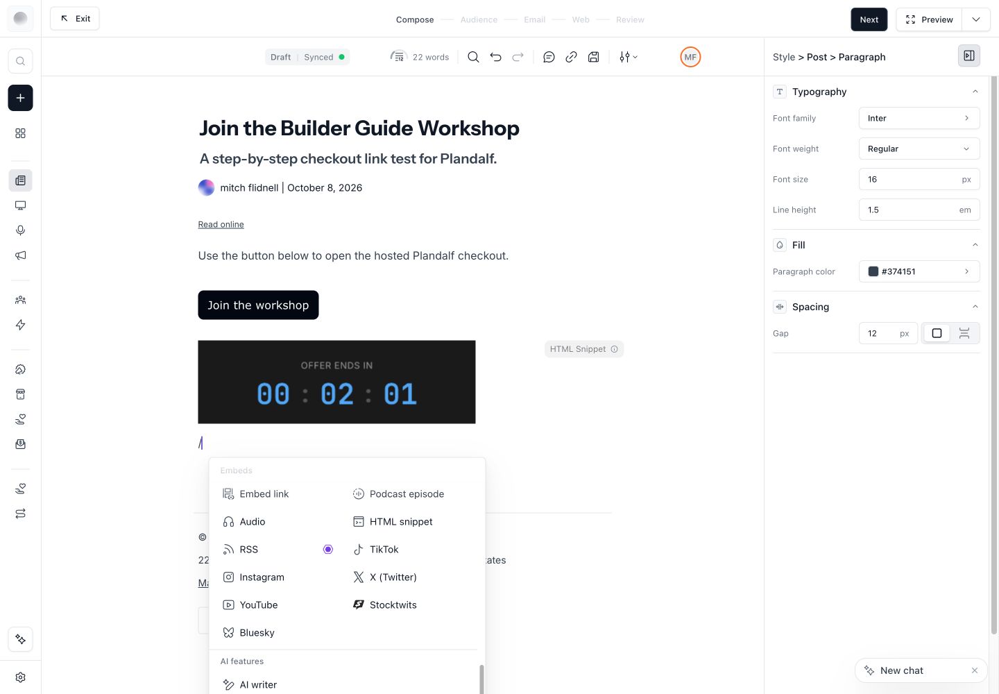 beehiiv block menu scrolled to the HTML snippet option