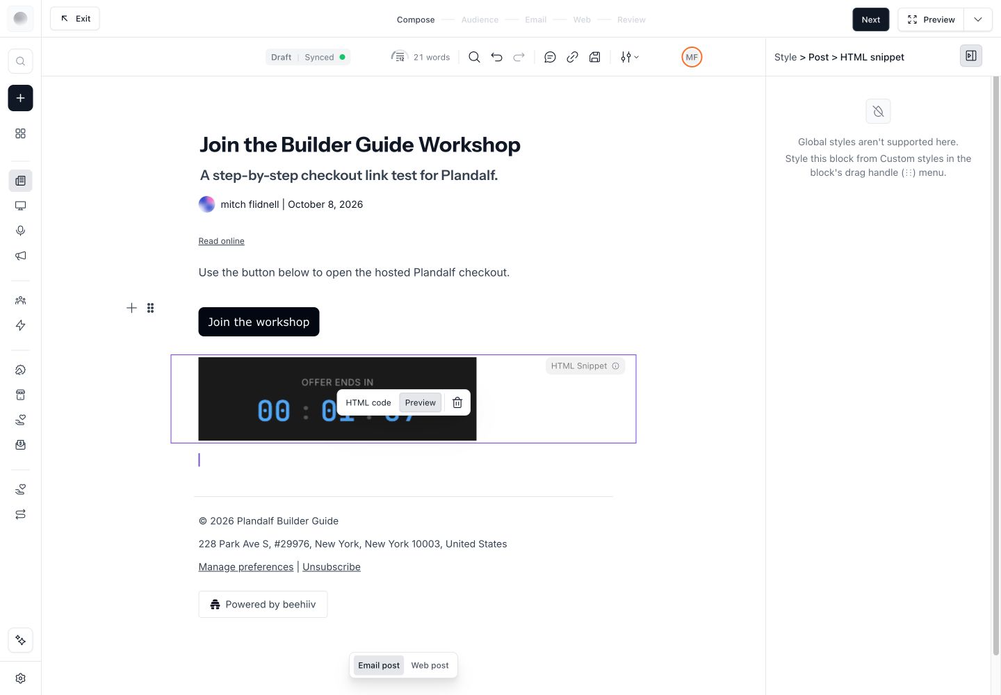 rendered Plandalf countdown inside the beehiiv editor