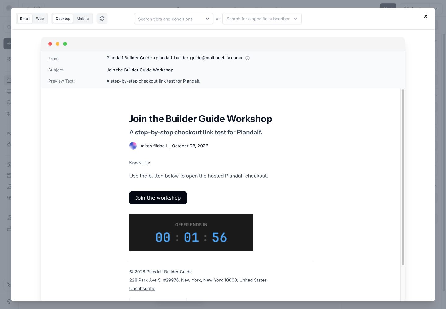 beehiiv desktop email preview with a checkout button and Plandalf countdown
