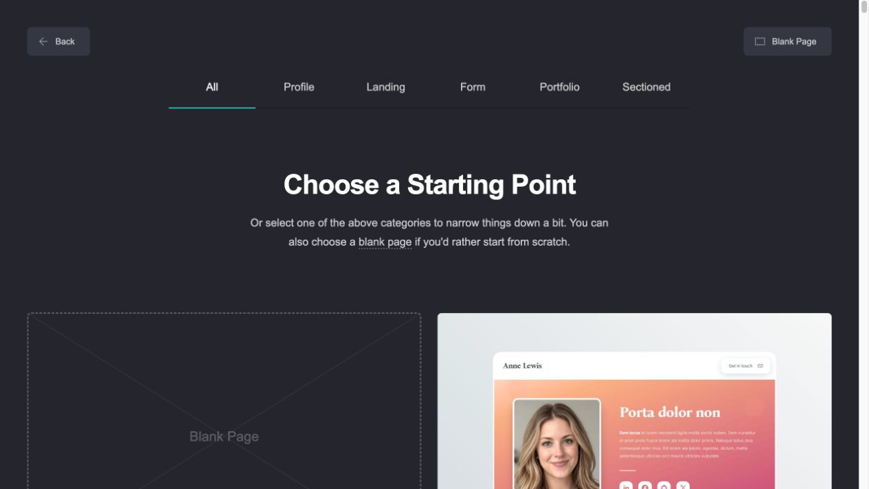 Carrd starting-point picker with Blank Page available