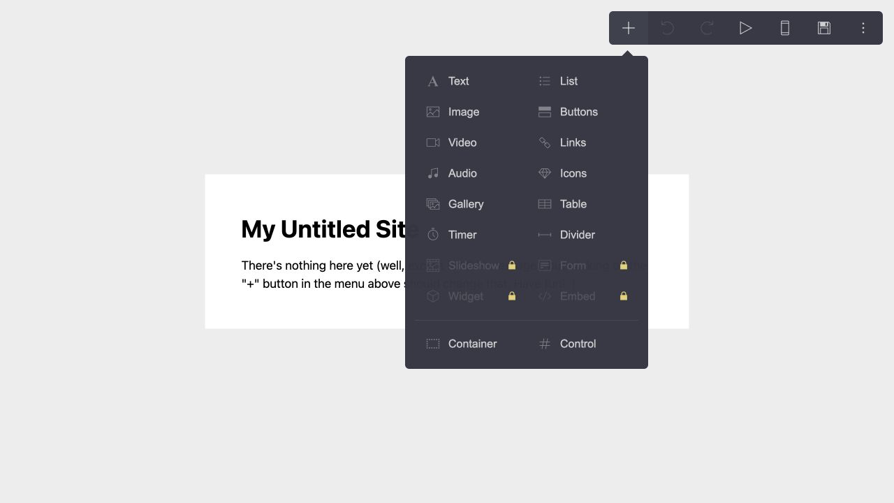 Carrd Add menu with Buttons available and Embed locked
