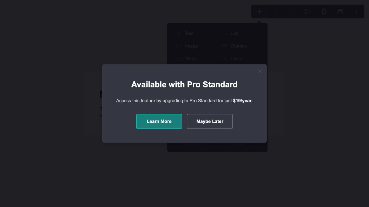 Carrd dialog saying Embed is available with Pro Standard