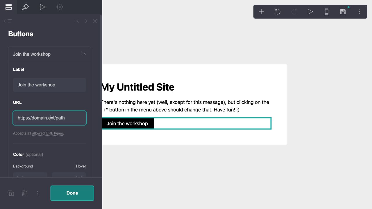 Carrd button settings with Join the workshop as the label