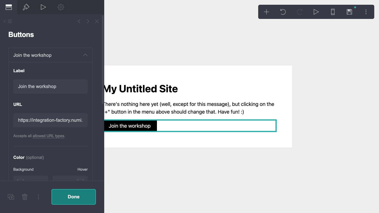 Carrd button URL field containing a Plandalf test checkout address