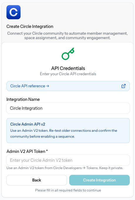 Actual Create Circle Integration form with its API reference link, integration name, empty Admin V2 token and disabled Create Integration button.