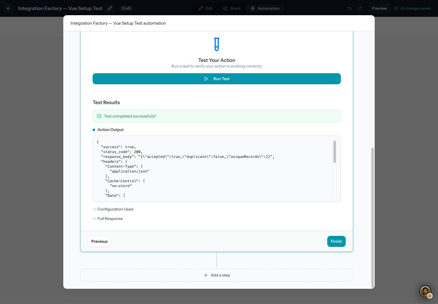 Webhook test output showing HTTP 200 and the receiver's accepted response with one unique record.