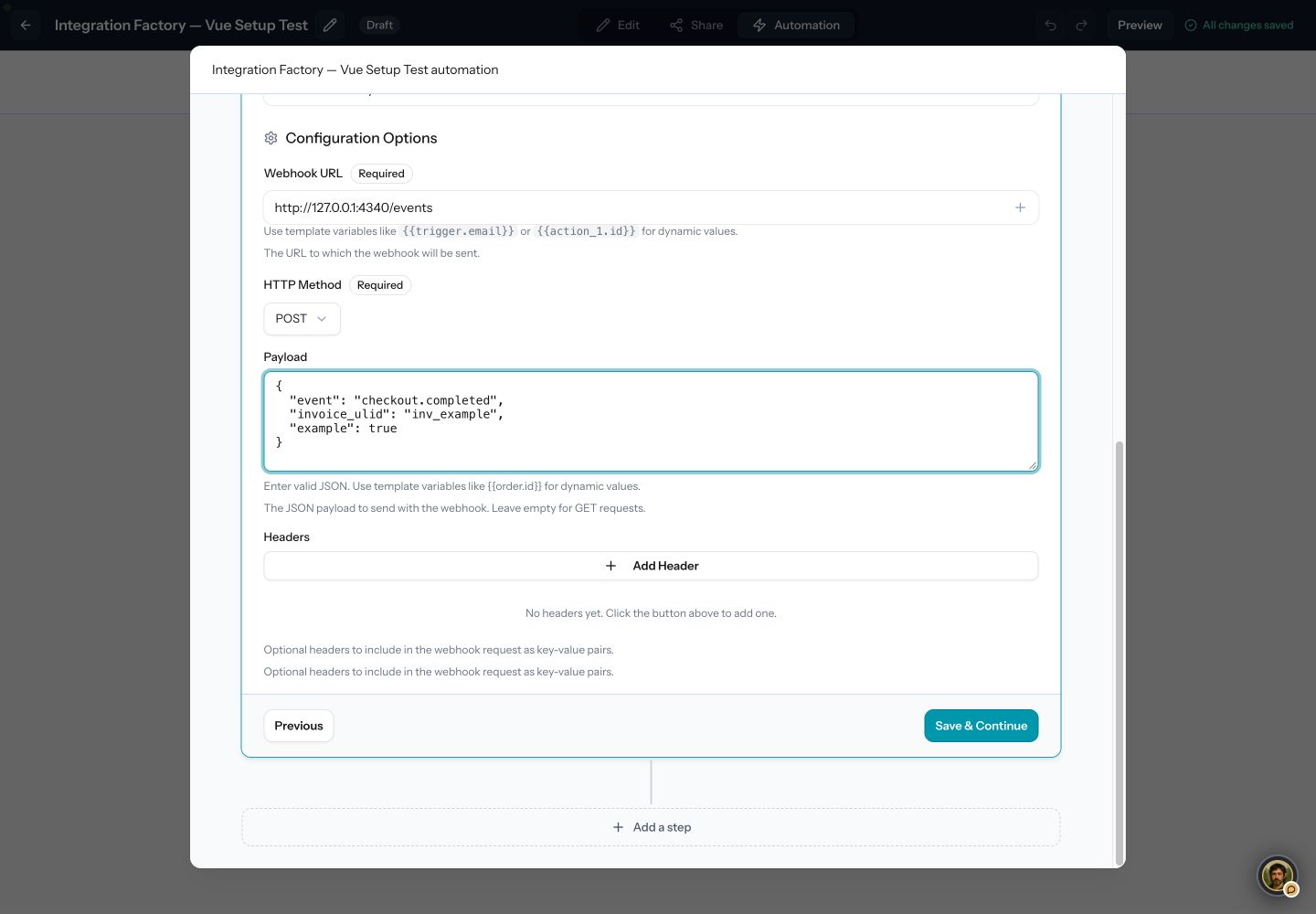 The actual Send Webhook configuration with a local URL, POST method, synthetic JSON and empty headers.