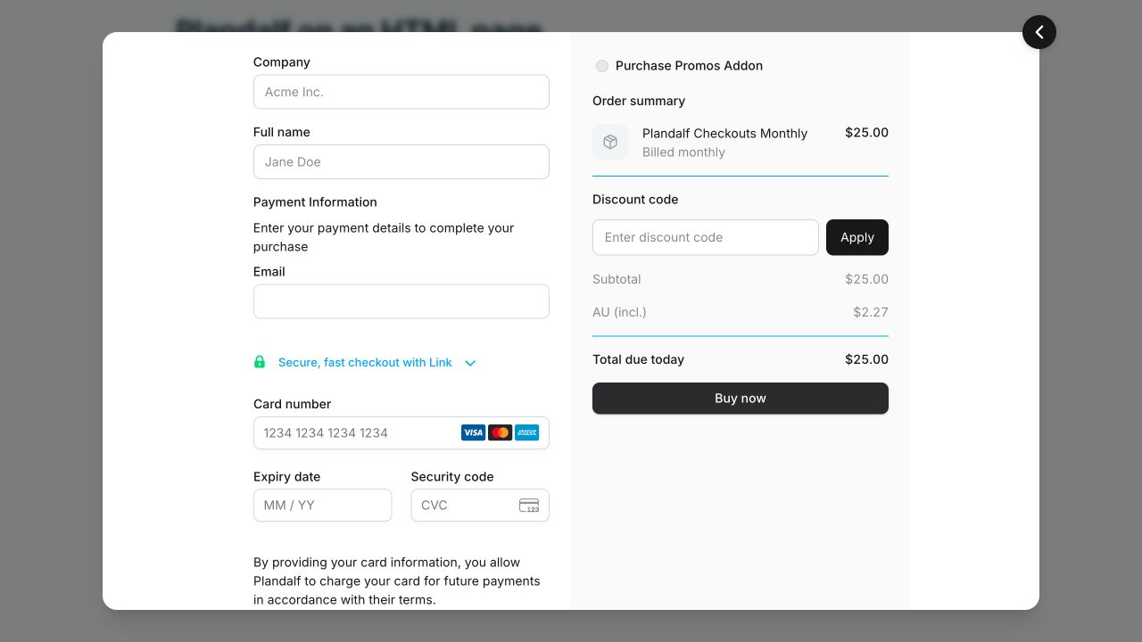 Plandalf checkout opened from the HTML fixture