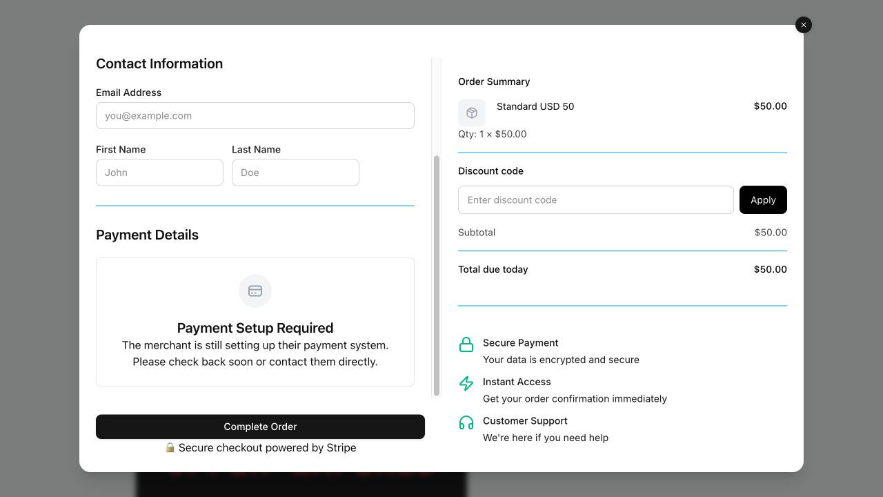 Checkout kept open across the enrolled visitor's deadline now shows Standard USD 50 and Payment Setup Required.