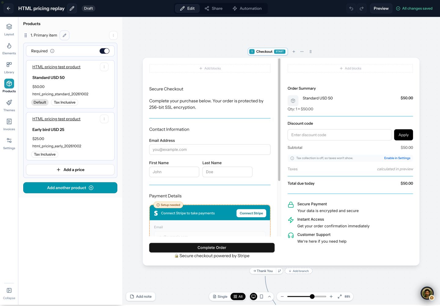 Checkout editor with Standard USD 50 and Early bird USD 25 attached to one required item, and the default order total of 50 dollars.