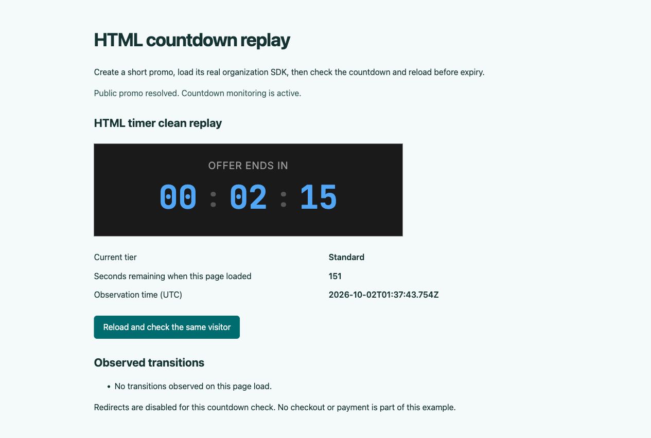 Real HTML countdown after reloading: Standard tier and 151 seconds remaining at page load, with the countdown continuing below three minutes.