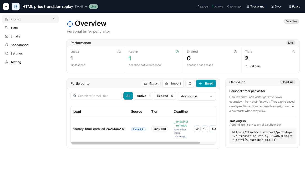 Promo overview showing one synthetic participant, Early bird tier and a deadline ending in three minutes.