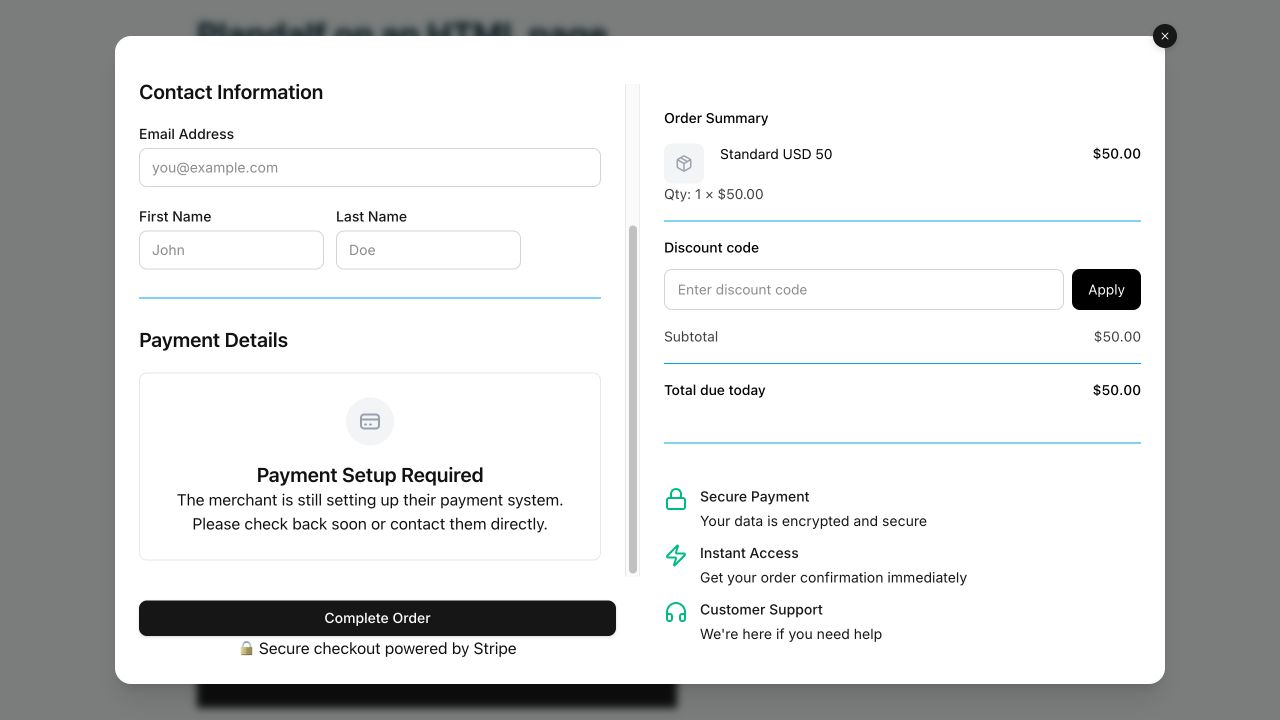 Actual reopened checkout showing Standard USD 50 and a Payment Setup Required message.