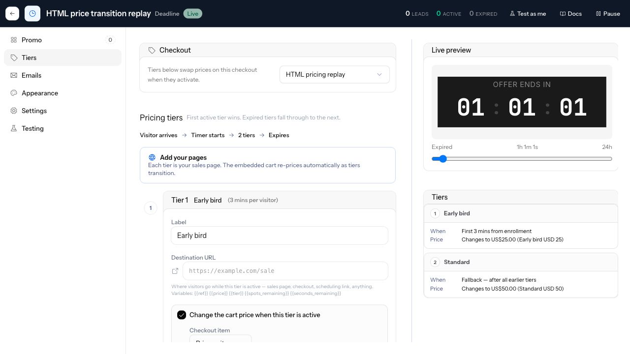 Promo editor with the HTML pricing replay checkout selected and a tier summary mapping Early bird to 25 dollars and Standard fallback to 50 dollars.