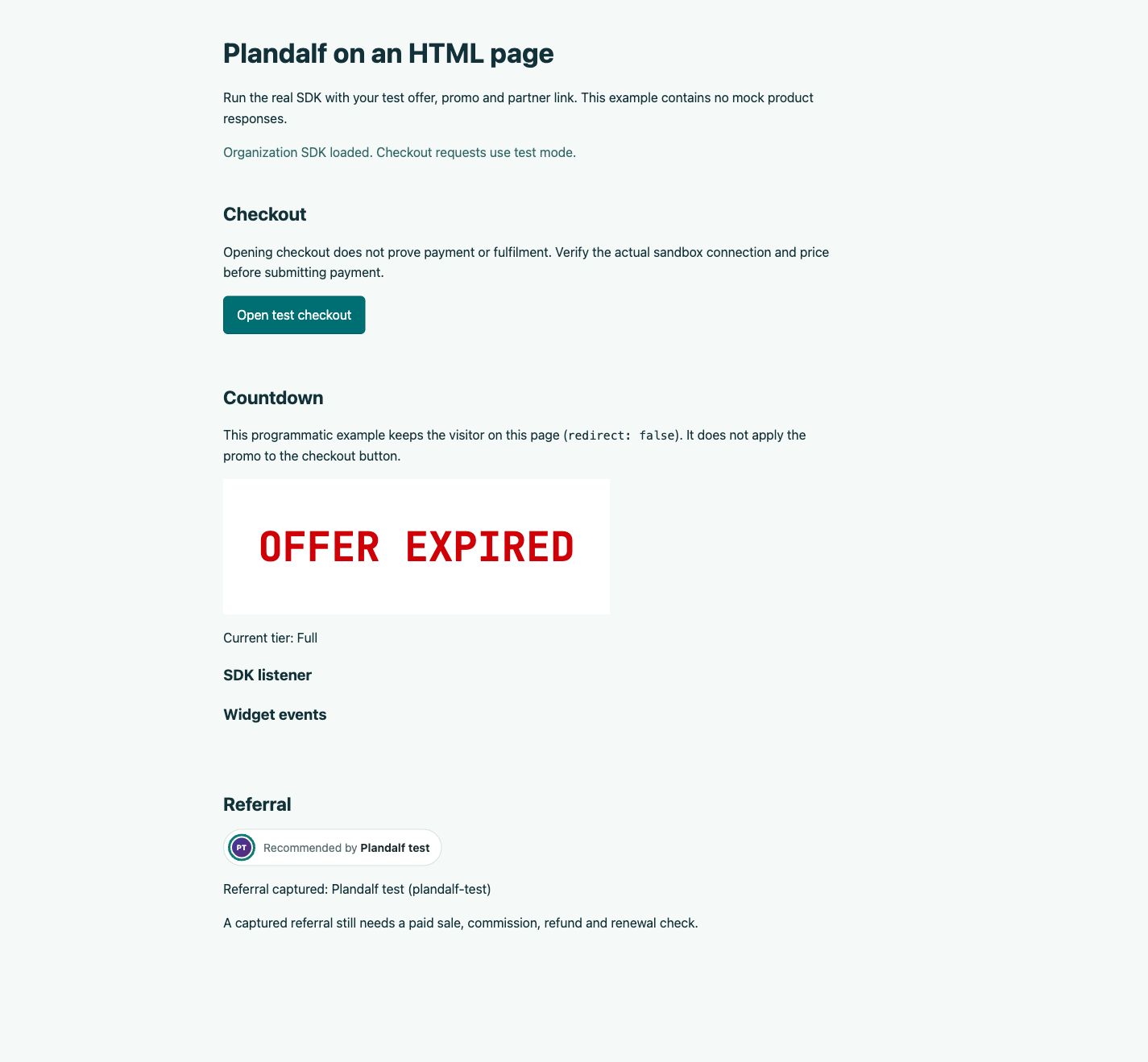 Local HTML example after a deadline: the countdown shows Offer expired, the current tier is Full, and the real referral badge names Plandalf test.