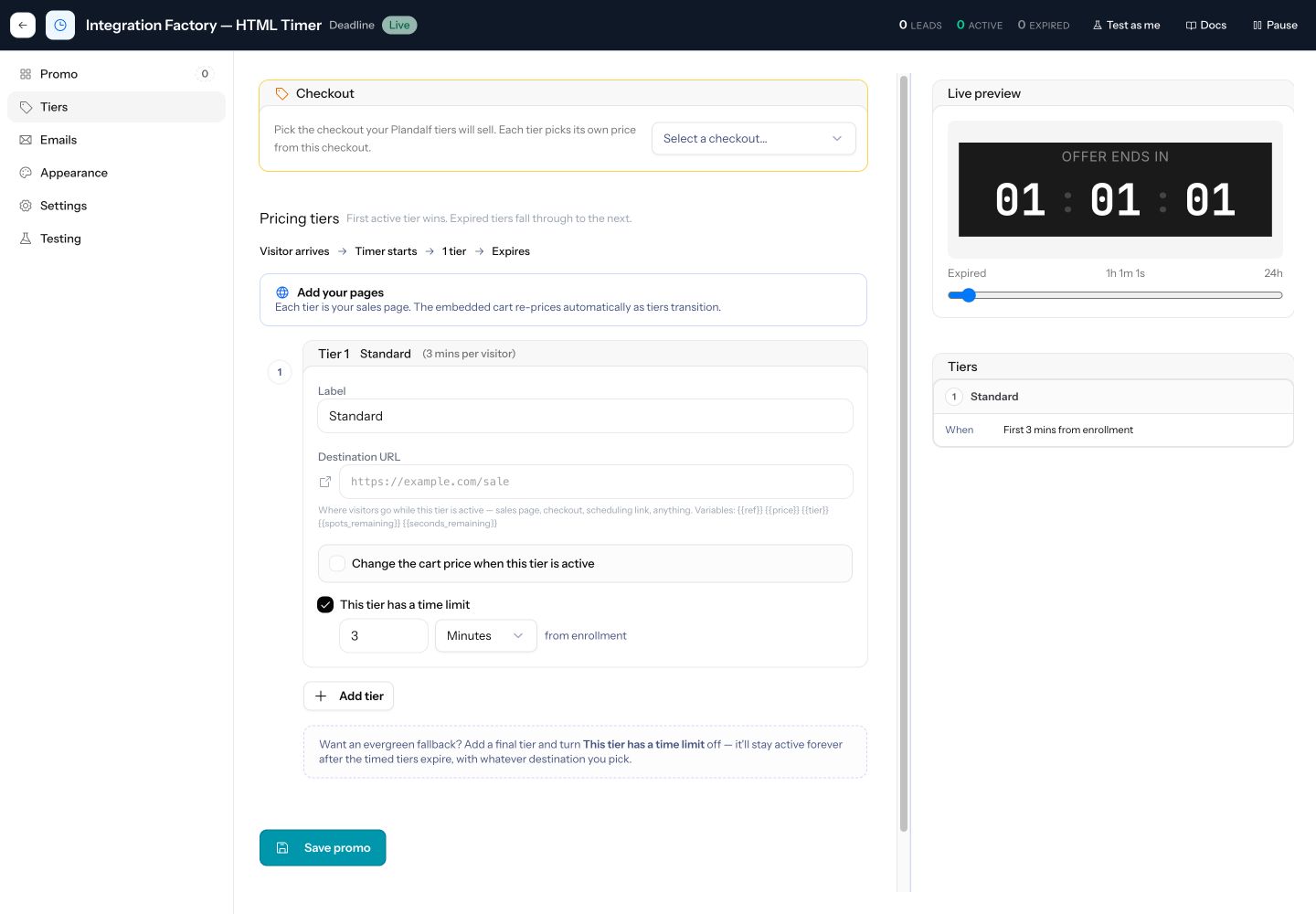 Saved promo tier editor showing an unselected checkout, Standard tier, three-minute time limit, Add tier and Save promo controls.
