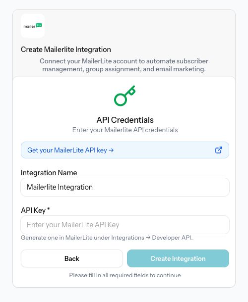 Real Plandalf Create Mailerlite Integration form with an API settings link, Integration Name, empty API Key and disabled Create Integration button.