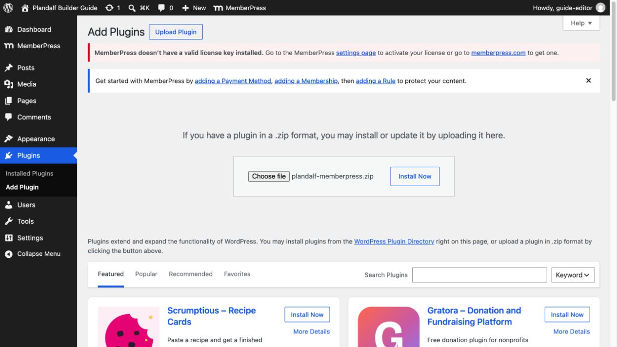 WordPress uploader with plandalf-memberpress.zip selected