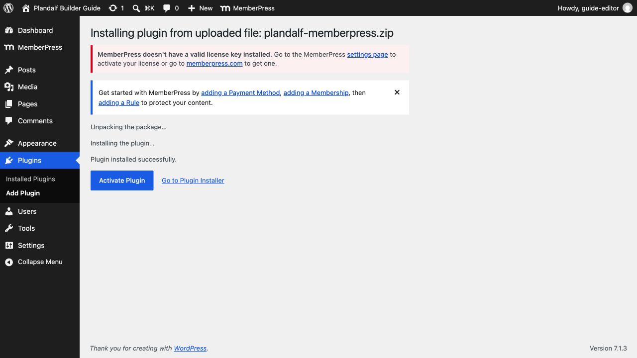 WordPress confirms the Plandalf addon installed successfully